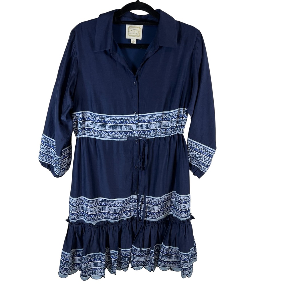 Sail to Sable Navy Blue Silk Cotton‎ Greek Key Border Print Mini Dress Large